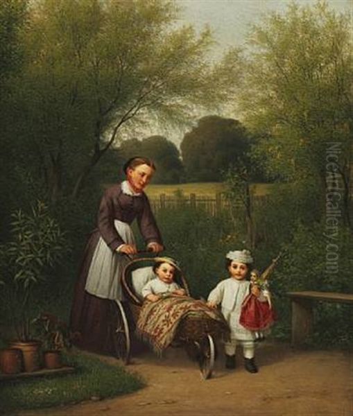 A Nanny With Two Children, A Girl With A Doll And A Boy In A Pram Oil Painting by Edvard Lehmann