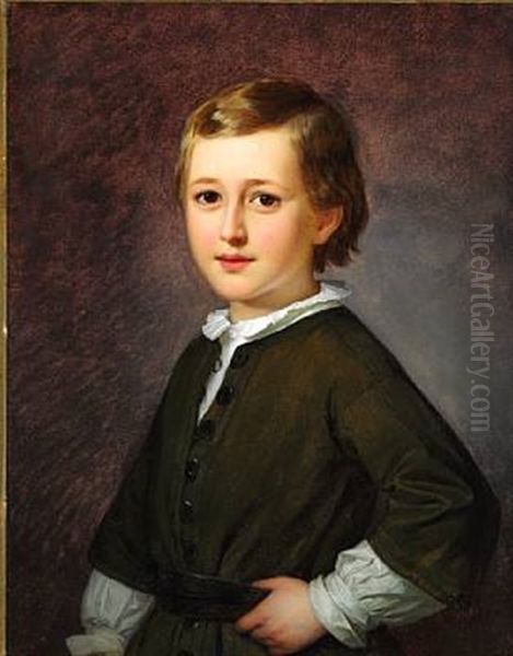 Portrait Of Danish Ballet Master And Choreographer August Bournonville's Son Edmond Mozart August (1846-1904) As A Child Wearing A White Shirt And An Olive Jacket Oil Painting by Edvard Lehmann