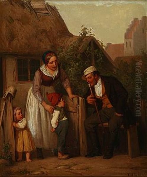 Country Exterior With A Cheeky Little Boy Sticking Out His Tongue At A Gentleman Oil Painting by Edvard Lehmann