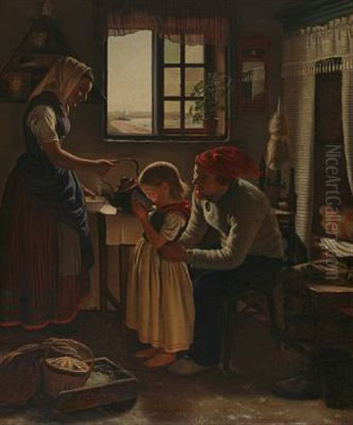 Interior With A Fisher Family From Skovshoved Neighbourhood, Denmark Oil Painting by Edvard Lehmann