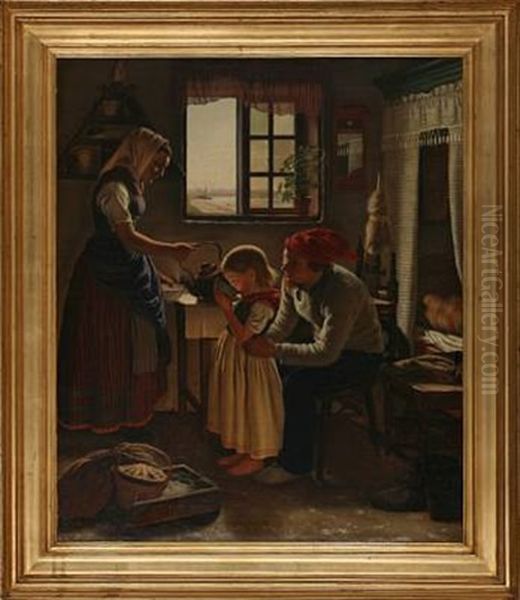 Interior With A Fisher Family From Skovshoved Neighbourhood, Denmark Oil Painting by Edvard Lehmann