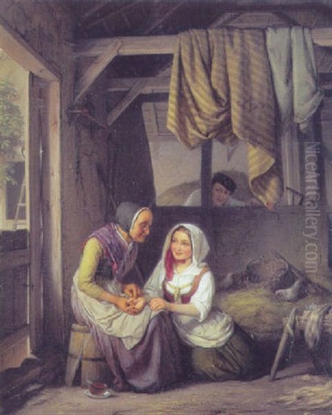 Den Unge Pige Spas I Handen, Medens Ungersvenden Ser Nysgerrigt Pa Oil Painting by Edvard Lehmann