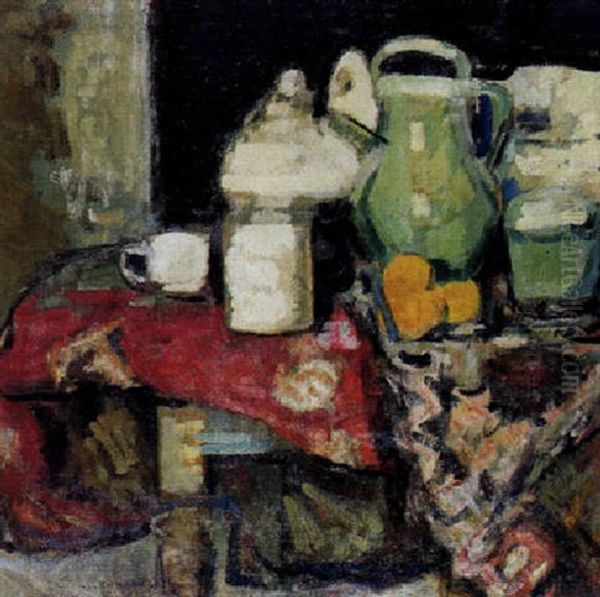 Nature Morte Med Krukker Og Draperet Stof Oil Painting by Leon Lehmann