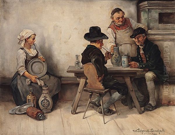 Wirt Mit Zwei Trinkern In Der Stube, Seitlich Junges Madchen Beim Zinn Putzen Oil Painting by Leonhard Wilhelm Lehmann