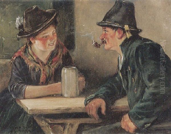 Plauderndes Oberbayerisches Trachtenpaar Am Biertisch Oil Painting by Leonhard Wilhelm Lehmann