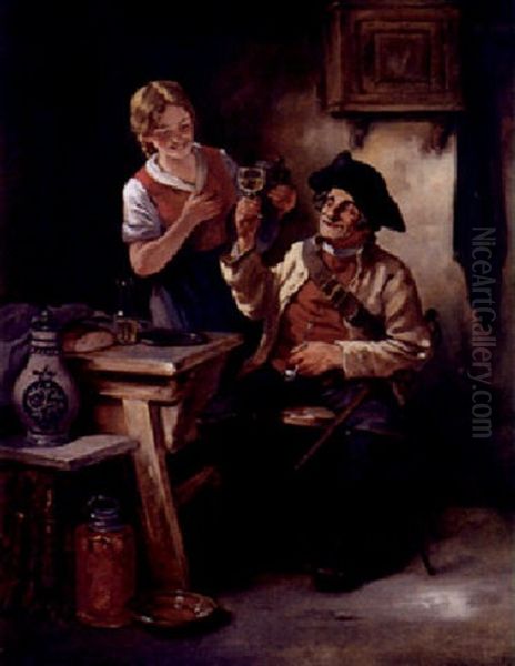 Alter Depeschenreiter Mit Blonder Magd In Einer Schenke Oil Painting by Leonhard Wilhelm Lehmann