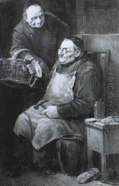 Ein Franziskanermonch Flickt Ein Paar Alte Schuhe, Die Ihm  Sein Bruder Gebracht Hat Oil Painting by Leonhard Wilhelm Lehmann