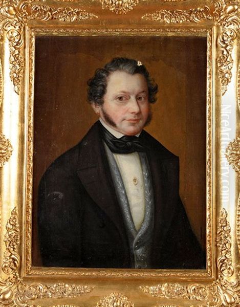 A Half-length Portrait Of A Young Gentleman With A Gold Earring And Long Side Whiskers, Wearing A Black Coat And Grey Embroidered Waistcoat by Rudolf W. A. Lehmann