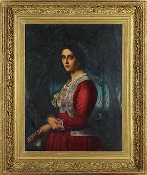 Portrait Einer Dame In Brokatbesetztem Seidenkleid Oil Painting by Rudolf W. A. Lehmann