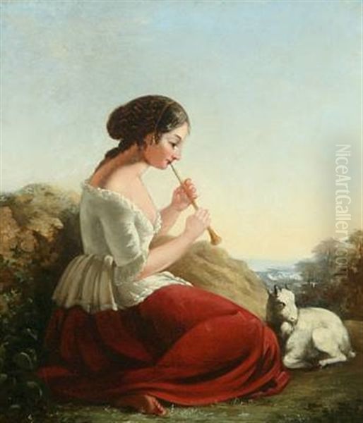 Young Italian Woman Playing The Flute Oil Painting by Rudolf W. A. Lehmann