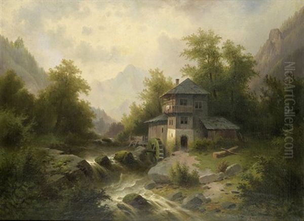 Landschaft Mit Einer Wassermuhle An Einem Reissenden Gebirgsflus Oil Painting by Hildegard Lehnert