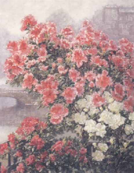 Rhododendrons, With A Town Beyond Oil Painting by Hildegard Lehnert