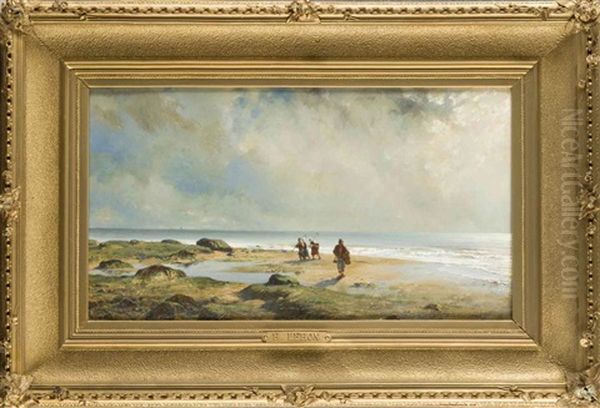 Stimmungsvolle Strandpartie Mit Krebs- Und Muschelsammlern Oil Painting by Henri Lehon