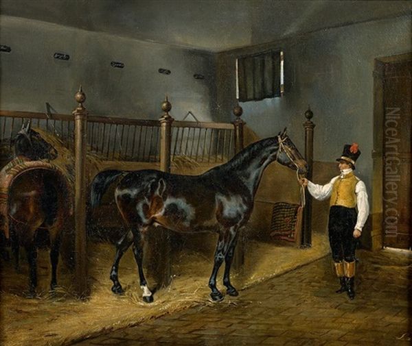 Lad Presentant Son Cheval Dans Une Ecurie Oil Painting by Pierre-Francois Lehoux