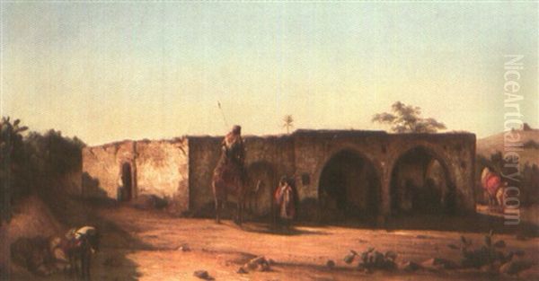 Caravanserail Au Liban Oil Painting by Pierre-Francois Lehoux