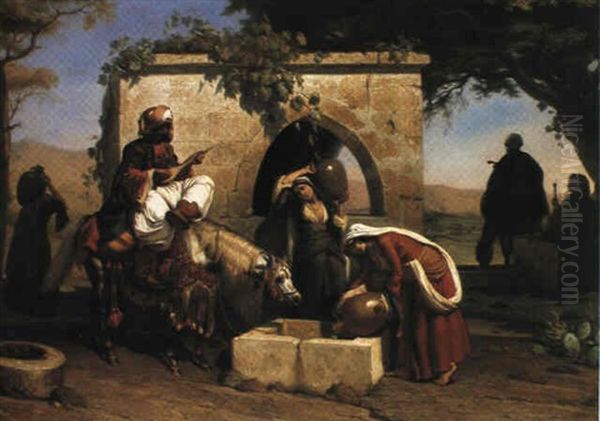 Beduiner Der Henter Vand Ved Bronden, Fra Nordafrika Oil Painting by Pierre-Francois Lehoux