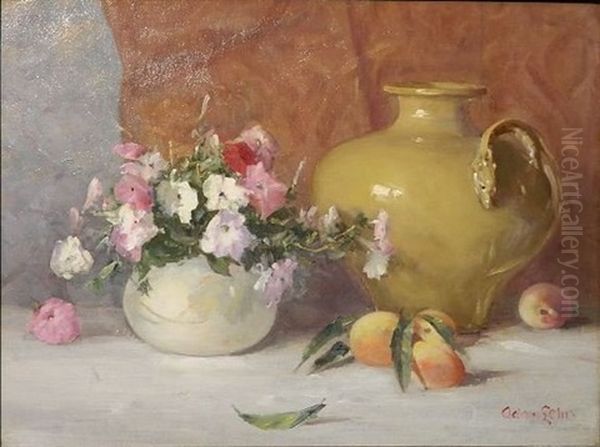 Still-life Of Vase, Flowers And Peaches by Adam Lehr