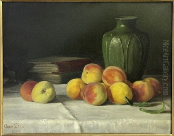 Grueby Vase, Peaches & Books Oil Painting by Adam Lehr