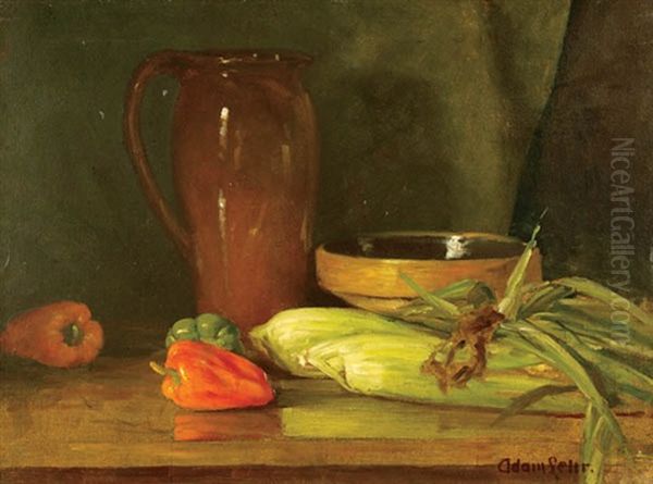 Still Life With Peaches And Still Life With Corn And Pitcher Oil Painting by Adam Lehr