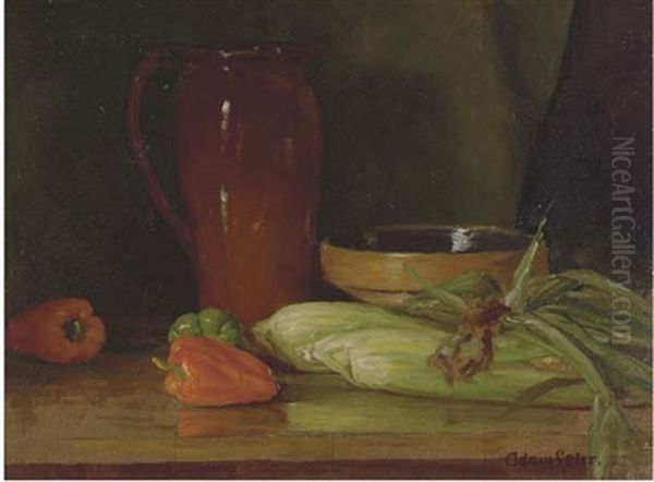 Still Life Of Corn And Peppers On A Table (+ Still Life Of A Basket Of Peaches, Verso) Oil Painting by Adam Lehr