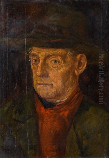 Portrait Of A Man With Hat And Red Waistcoat Oil Painting by Wilhelm Maria Hubertus Leibl