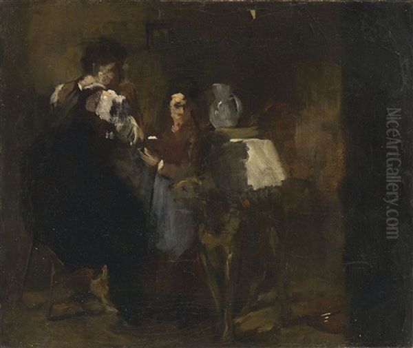 Junge Frau Mit Madchen Und Dogge In Einer Kuche Oil Painting by Wilhelm Maria Hubertus Leibl