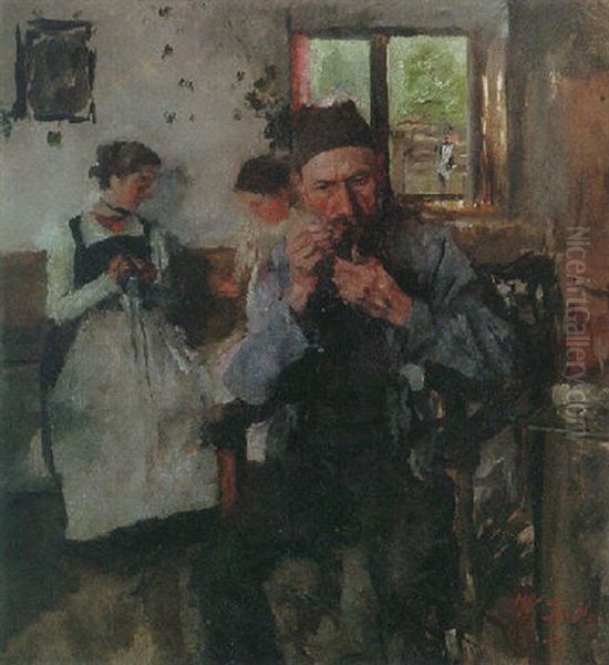 Bauer Mit Zwei Dirndln Oil Painting by Wilhelm Maria Hubertus Leibl