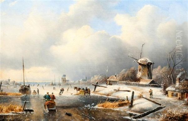 Dutch Winter Scene With Skaters On River Estuary, Windmills And Cottages To The Right With Village Beyond Oil Painting by Charles Henri Joseph Leickert