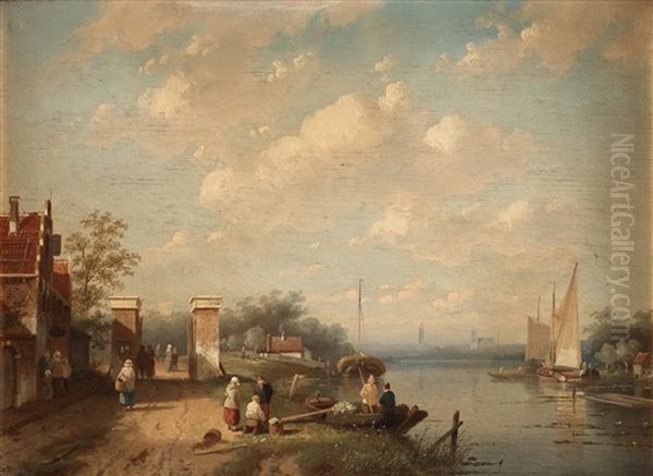 River Landscape With Figures Oil Painting by Charles Henri Joseph Leickert