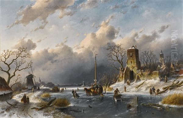 A Winter Scene Oil Painting by Charles Henri Joseph Leickert