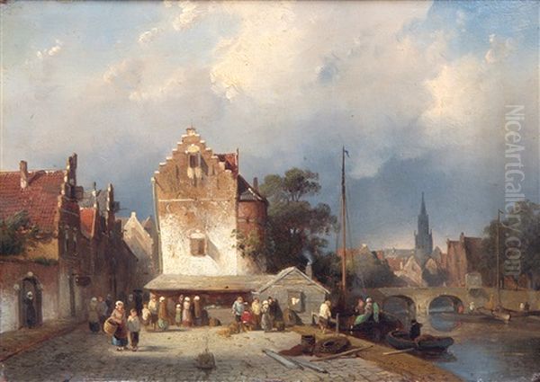 Activities On A Sunny Quay In A Dutch Village Oil Painting by Charles Henri Joseph Leickert