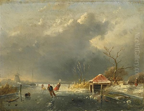 Schlittschuhlaufer Auf Einem Winterlichen Kanal Oil Painting by Charles Henri Joseph Leickert