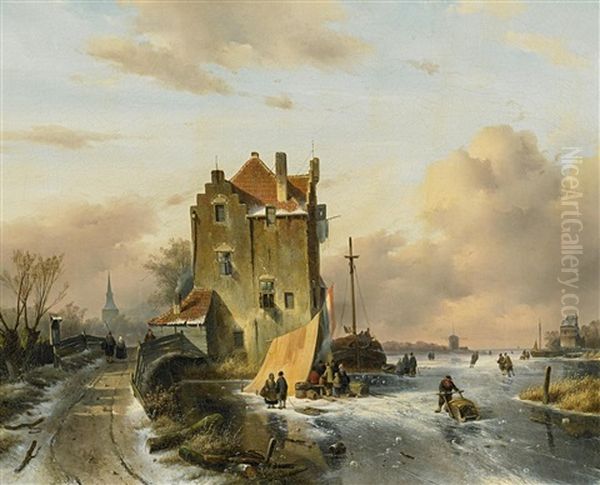 Zugefrorener Hollandischer Kanal Mit Marktzelt Oil Painting by Charles Henri Joseph Leickert