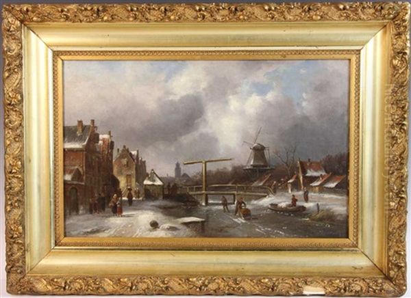 Dutch Winter Oil Painting by Charles Henri Joseph Leickert