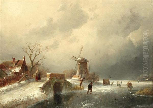 A Dutch Frozen River Landscape Oil Painting by Charles Henri Joseph Leickert