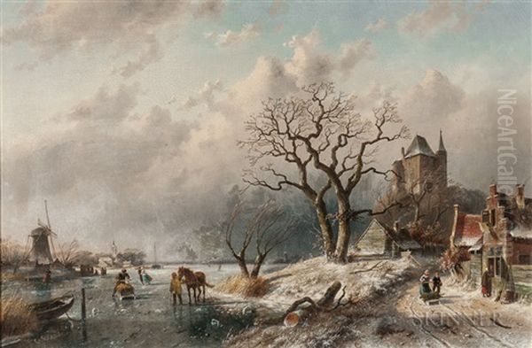 Animated Winter Landscape With Skaters Oil Painting by Charles Henri Joseph Leickert