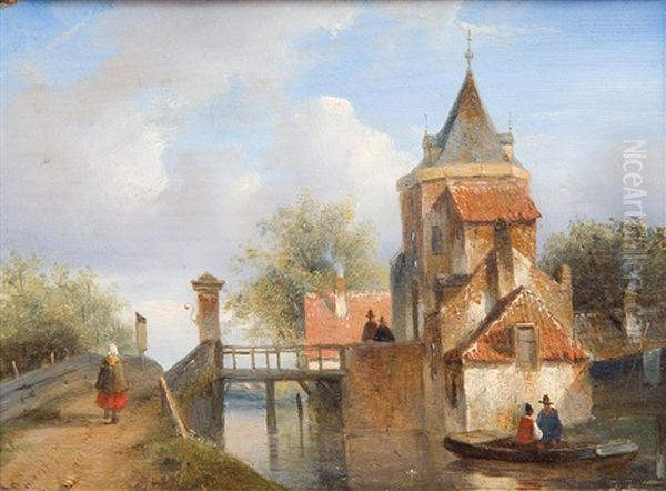 Slotgracht Met Houten Bruggetje'/ Wooden Bridge Over Castle Moat Oil Painting by Charles Henri Joseph Leickert