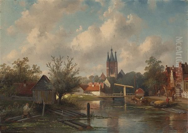 Hollandische Stadt Am Fluss Oil Painting by Charles Henri Joseph Leickert