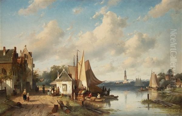 Enlivened River Landscape In Holland Oil Painting by Charles Henri Joseph Leickert