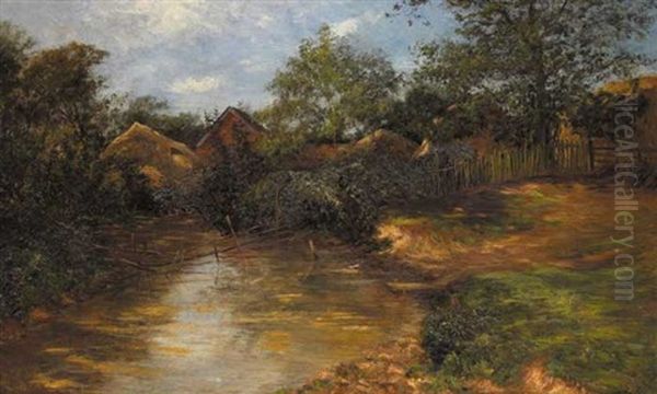 A Stream With Haystacks And Farm Buildings Beyond Oil Painting by Rose J. Leigh