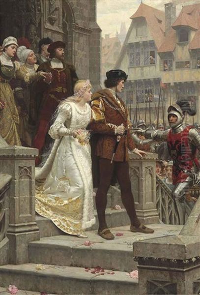 To Arms! Sweet Bridal Hymn, That Issuing Through The Porch Is Rudely Challenged With The Cry To Arms Oil Painting by Edmund Blair Leighton