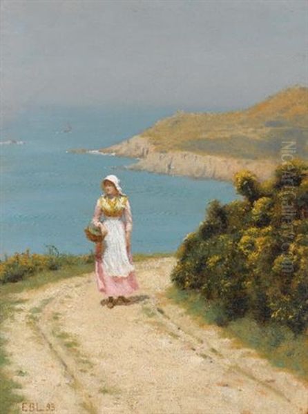 Girl On A Coastal Path Oil Painting by Edmund Blair Leighton