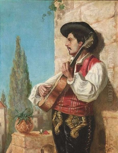 Sudlandischer Gitarrenspieler, An Einer Mauer Lehnend Oil Painting by Edmund Blair Leighton