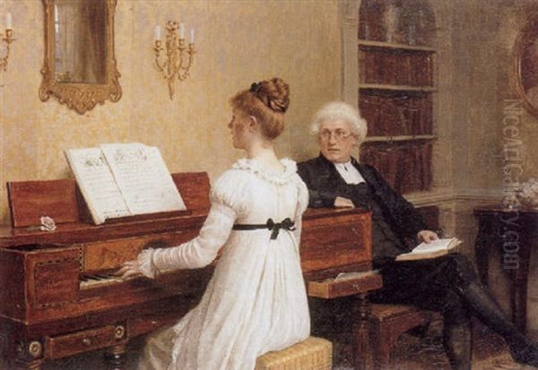 Young Lady Playing The Piano With Her Tutor Nearby Oil Painting by Edmund Blair Leighton