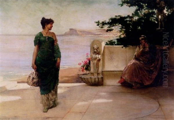 Classical Composition Of Two Maidens On A Terrace Oil Painting by Edmund Blair Leighton