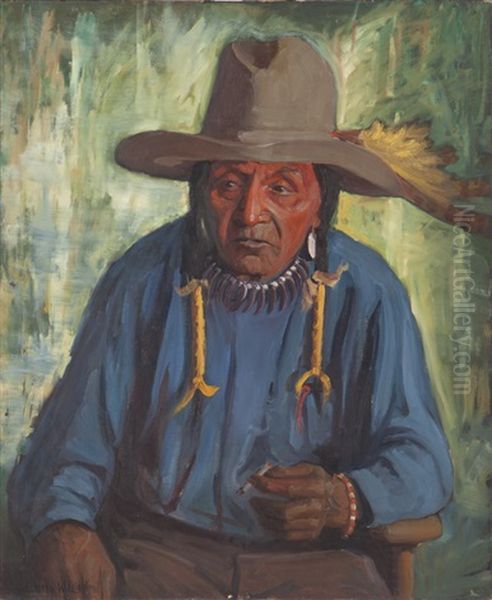 Indian Man With Yellow Feather In Hat Oil Painting by Kathryn Woodman Leighton