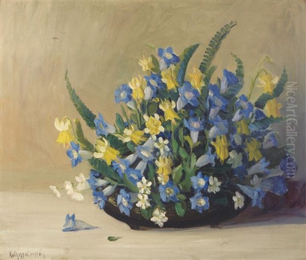 Still Life With Blue And Yellow Flowers Oil Painting by Kathryn Woodman Leighton