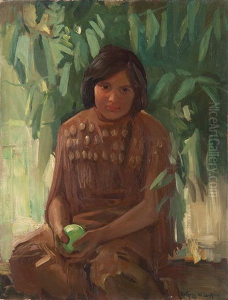 Young Native American Girl Holding An Apple by Kathryn Woodman Leighton