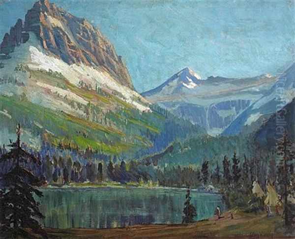 Indian Encampment Near An Alpine Lake Oil Painting by Kathryn Woodman Leighton