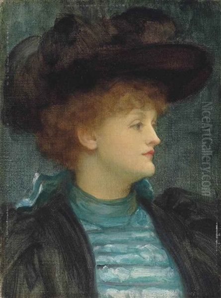 Portrait Of A Lady, Bust-length, In A Turquoise Dress And Black Coat And Hat Oil Painting by Lord Frederic Leighton